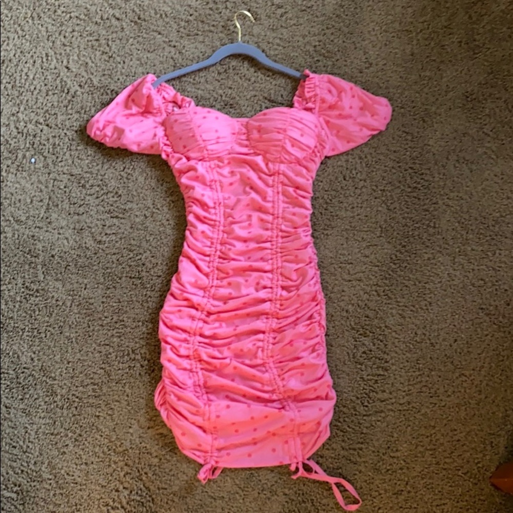 Pink Ruched Flower Bodycon Dress